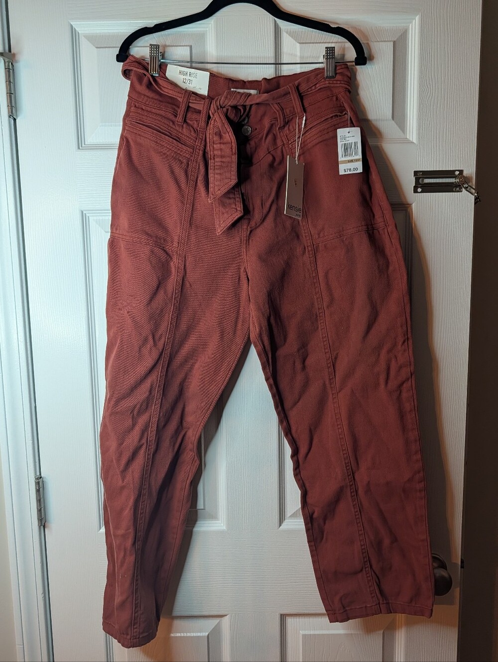 Kensie Jeans Women’s 12/31 Burnt Henna High Rise Tie Waist Utility Pants NWT